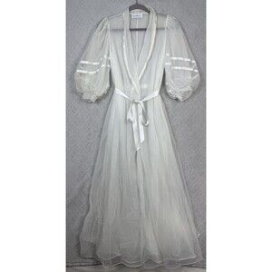 Vtg Miss Elaine Sheer Robe S/M White Belt Peignoir Puff Sleeve Bridal Retro 50s